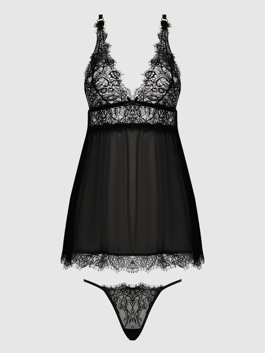 MILA EYELASH LACE & MESH BABYDOLL & G-STRING SET
