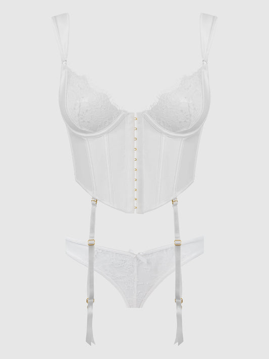 BRIDAL SATIN & LACE BUSTIER & BACKLESS HIPSTER SET