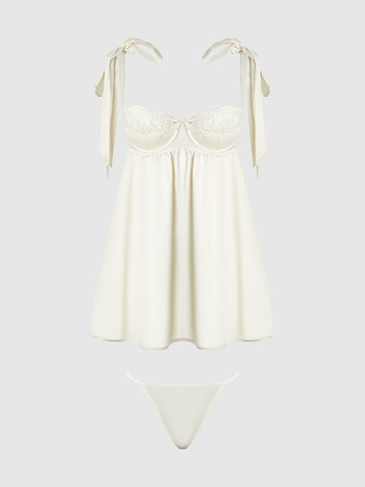 ROSALIE SATIN & EMBROIDERED LACE BABYDOLL & G-STRING SET