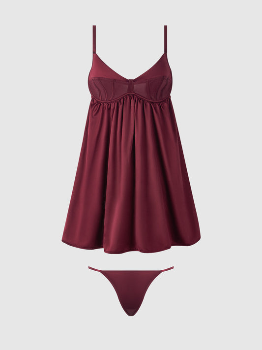 BRIGETA SATIN & MESH CORSETTED BABYDOLL & G-STRING SET