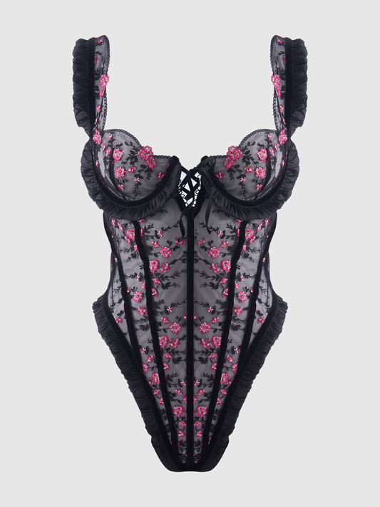 HARPER EMBROIDERED MESH & RUFFLE TEDDY
