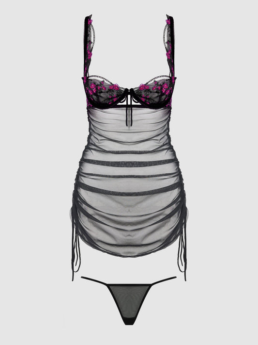 HARPER EMBROIDERED MESH SIDE CINCH CHEMISE & G-STRING SET