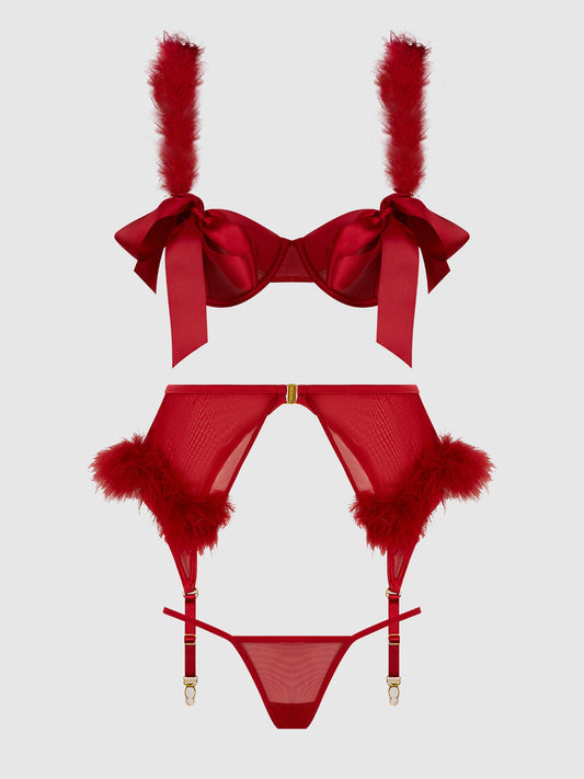 MARILYN MARABOU & MESH OPENABLE BRA, GARTER, & G-STRING SET