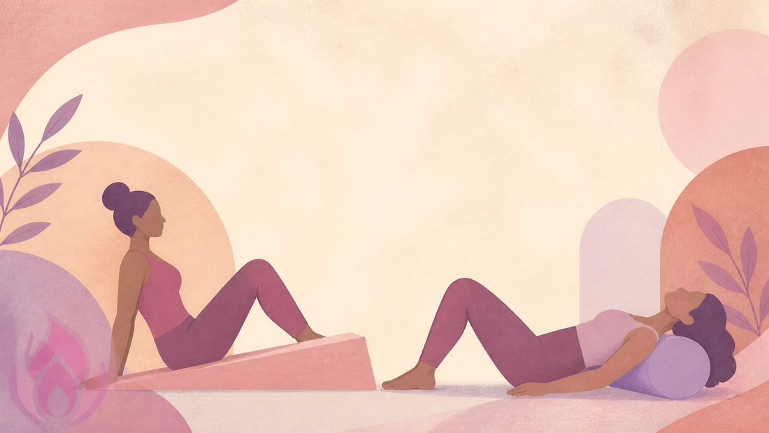 Soft pastel editorial illustration of supportive wedges, ramps, and rounded cushions representing comfort, alignment, and cha