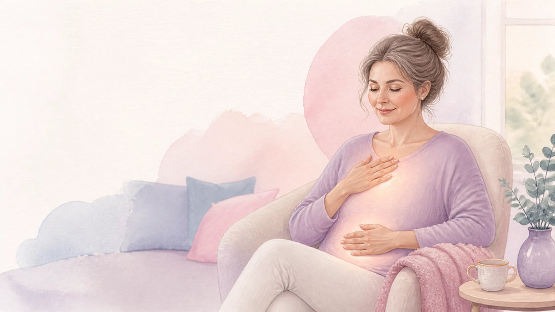 Soft pastel illustration of a woman noticing a warm glow of connection in her body