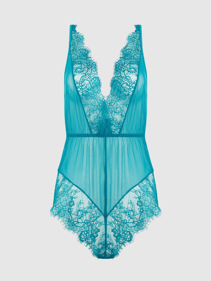 MILA MESH & EYELASH LACE HIGH SLIT ROMPER TEDDY
