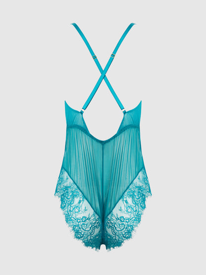 MILA MESH & EYELASH LACE HIGH SLIT ROMPER TEDDY