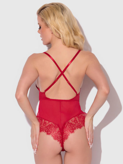 MILA MESH & EYELASH LACE HIGH SLIT ROMPER TEDDY