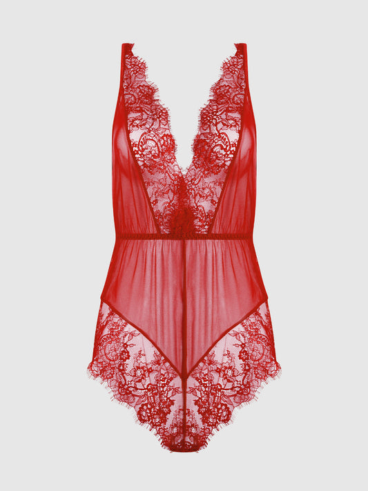 MILA MESH & EYELASH LACE HIGH SLIT ROMPER TEDDY