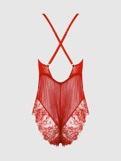 MILA MESH & EYELASH LACE HIGH SLIT ROMPER TEDDY
