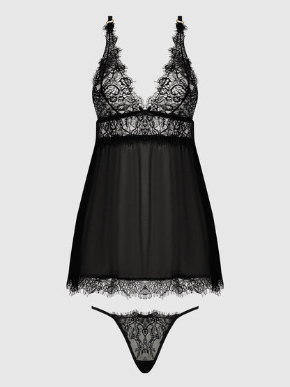 MILA EYELASH LACE & MESH BABYDOLL & G-STRING SET