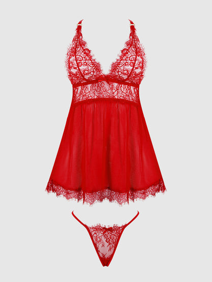 MILA EYELASH LACE & MESH BABYDOLL & G-STRING SET