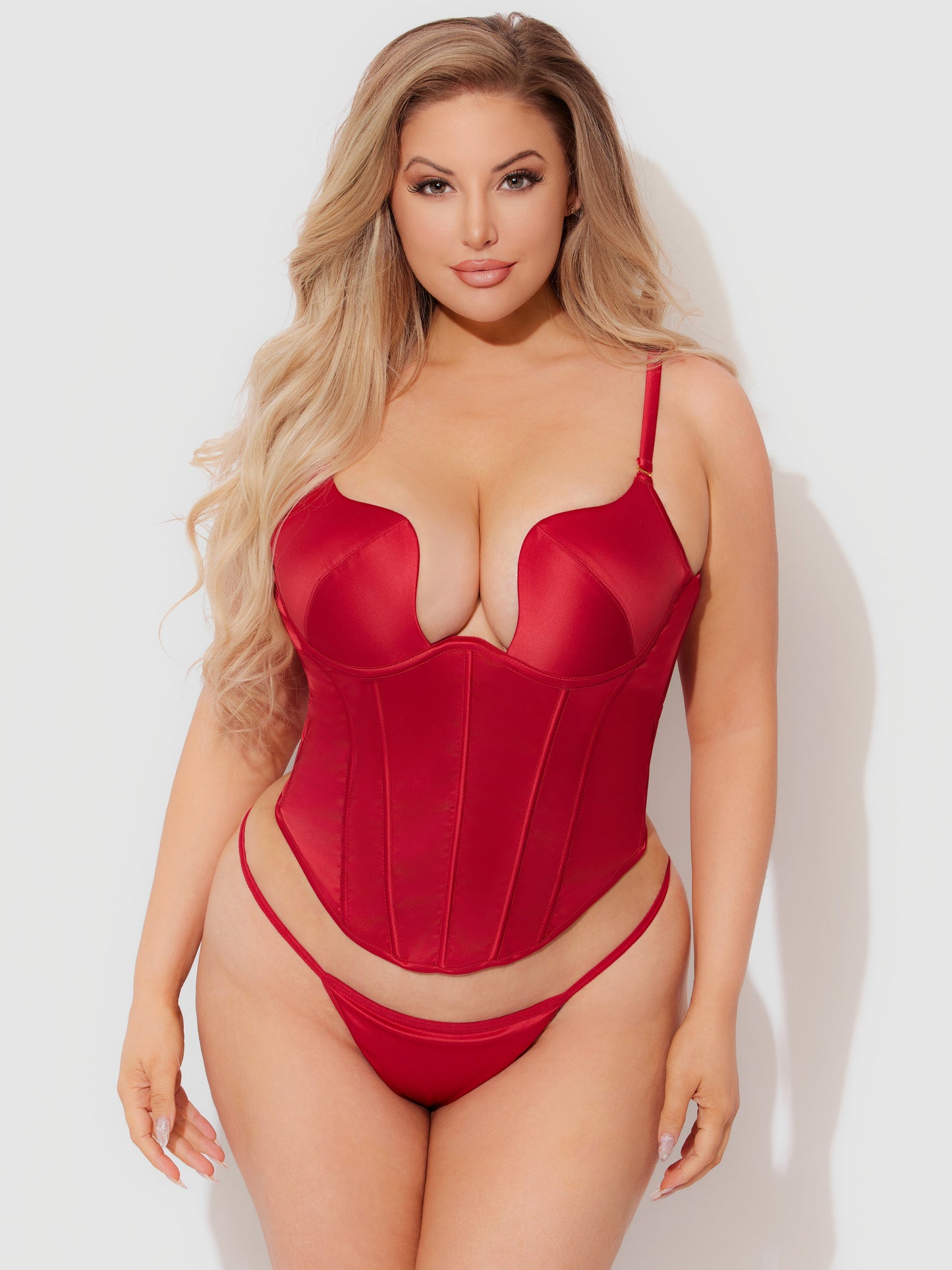 BRIGETA SATIN PLUNGE PUSH UP BUSTIER & G-STRING SET