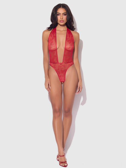 KIKI LACE PLUNGE HALTER TEDDY