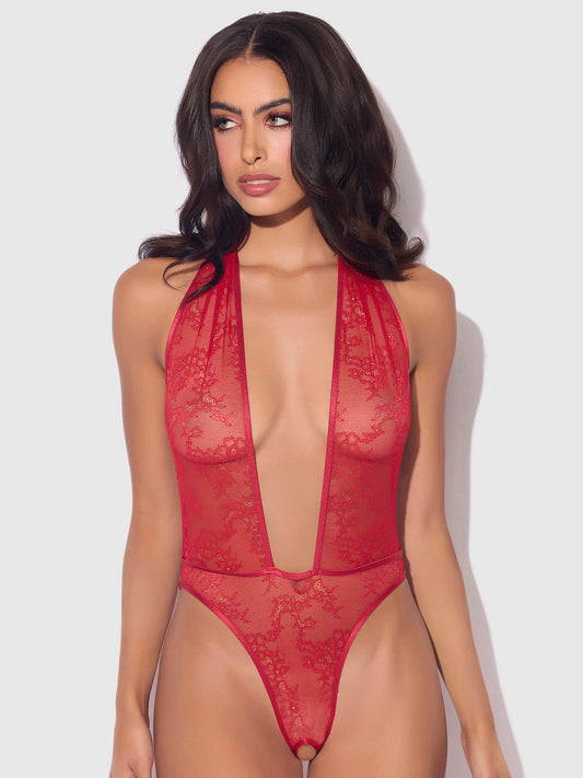 KIKI LACE PLUNGE HALTER TEDDY