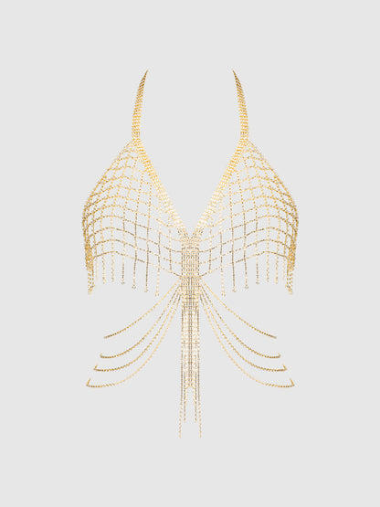 RHINESTONE NET & FRINGE HALTER BRALETTE