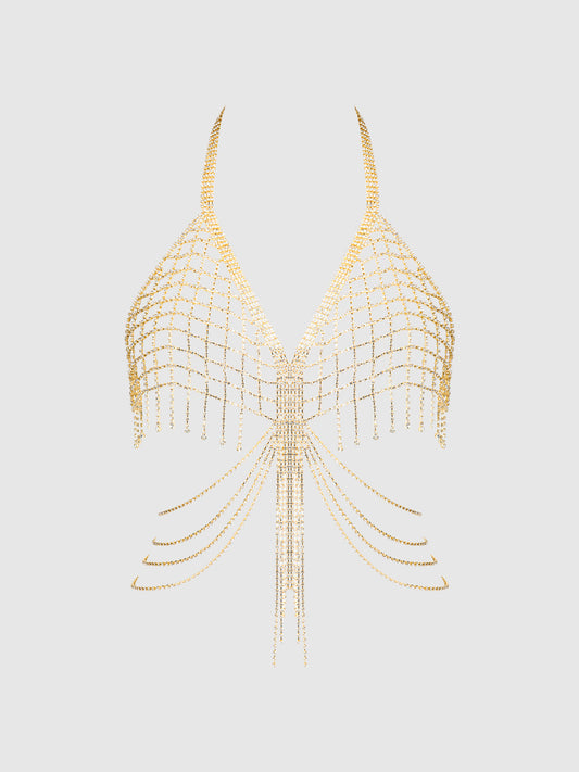 RHINESTONE NET & FRINGE HALTER BRALETTE