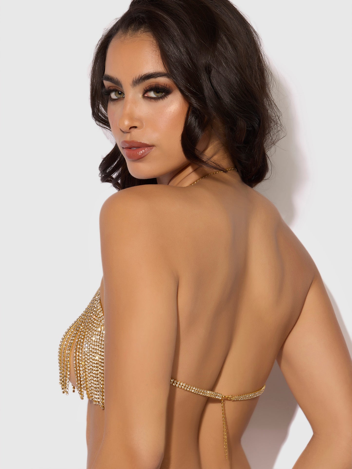 RHINESTONE DANGLE V-NECK BRA