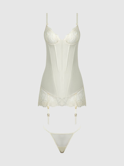 ROSALIE SATIN & EMBROIDERED LACE CHEMISE & G-STRING SET