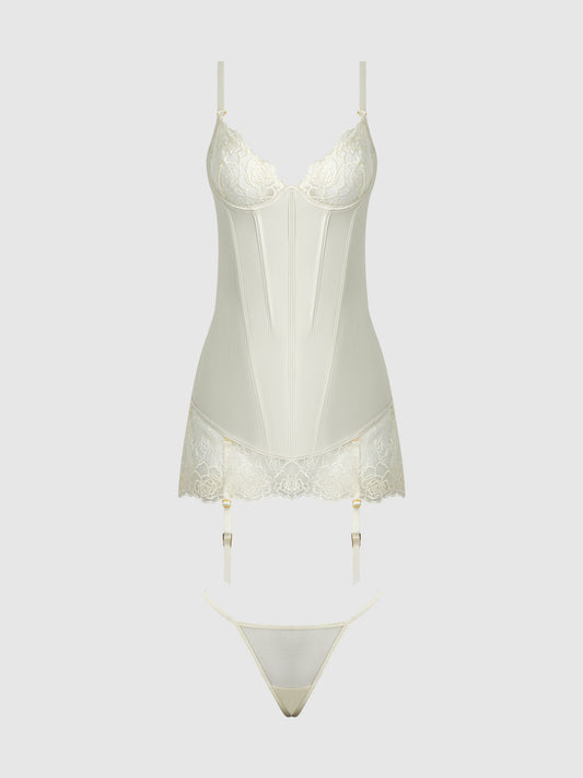 ROSALIE SATIN & EMBROIDERED LACE CHEMISE & G-STRING SET