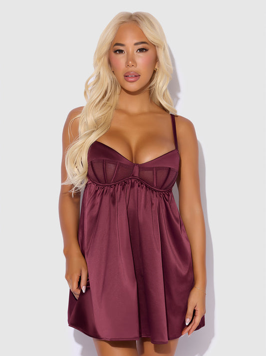 BRIGETA SATIN & MESH CORSETTED BABYDOLL & G-STRING SET
