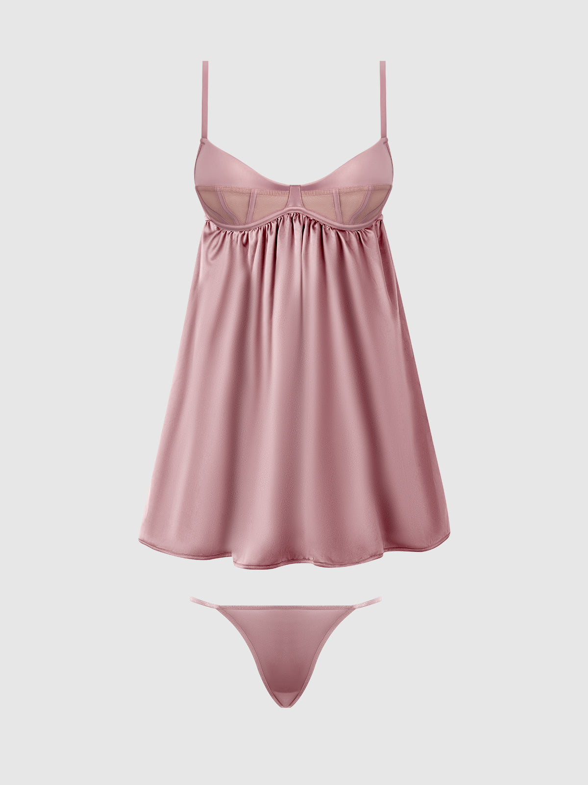 BRIGETA SATIN & MESH CORSETTED BABYDOLL & G-STRING SET
