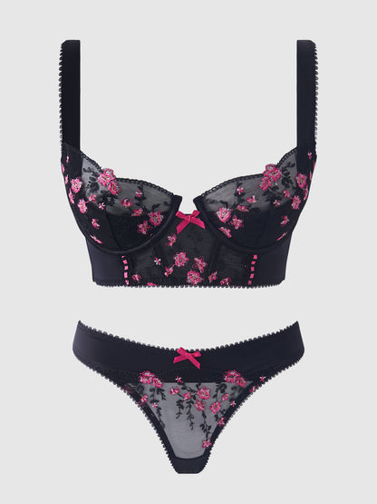 HARPER EMBROIDERED MESH & MICRO LONGLINE BRA & THONG SET