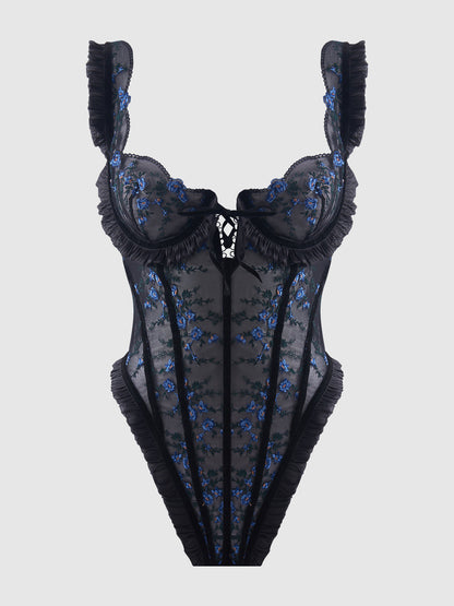 HARPER EMBROIDERED MESH & RUFFLE TEDDY