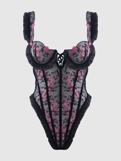 HARPER EMBROIDERED MESH & RUFFLE TEDDY