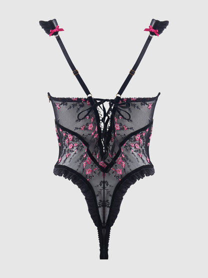 HARPER EMBROIDERED MESH & RUFFLE TEDDY