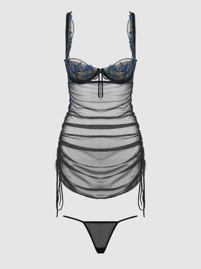 HARPER EMBROIDERED MESH SIDE CINCH CHEMISE & G-STRING SET