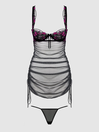 HARPER EMBROIDERED MESH SIDE CINCH CHEMISE & G-STRING SET
