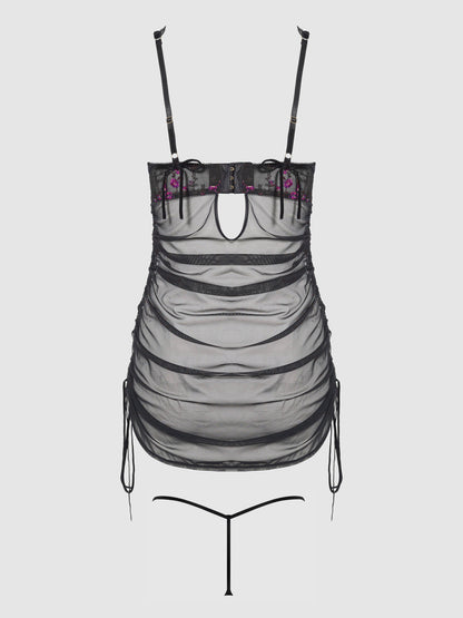 HARPER EMBROIDERED MESH SIDE CINCH CHEMISE & G-STRING SET
