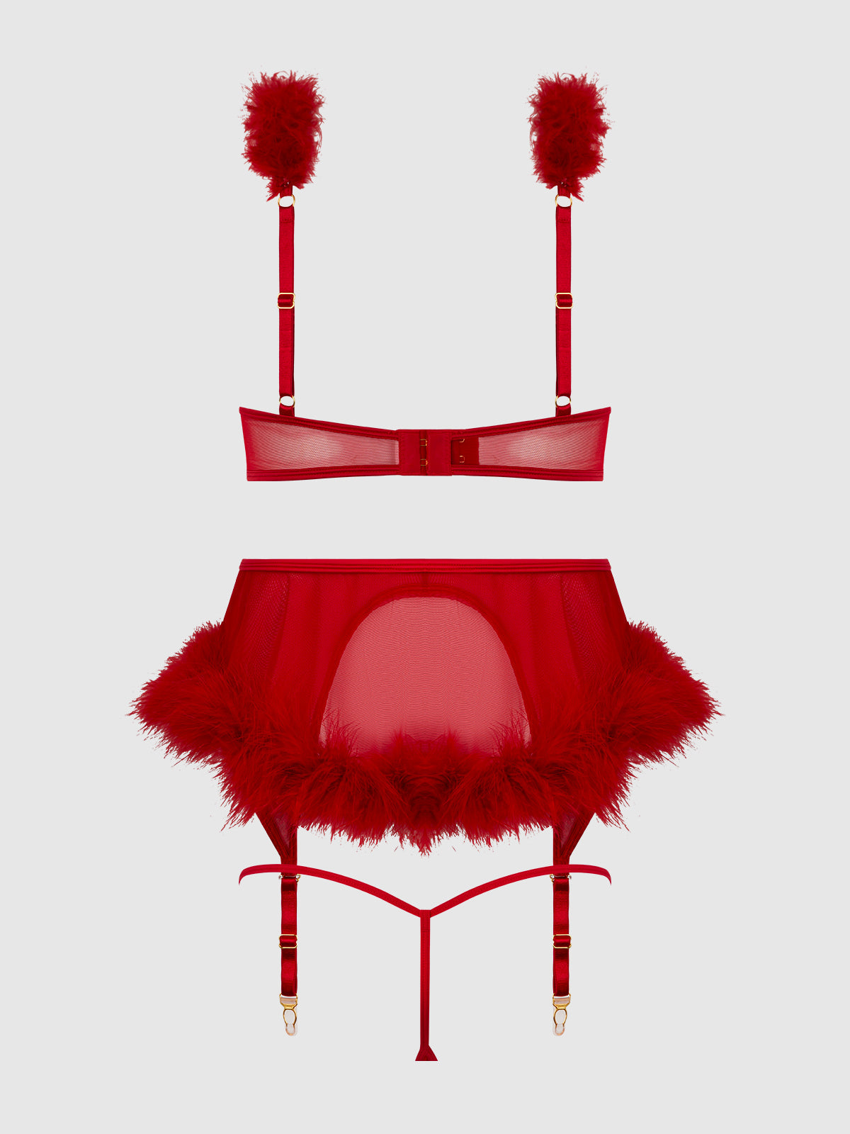 MARILYN MARABOU & MESH OPENABLE BRA, GARTER, & G-STRING SET