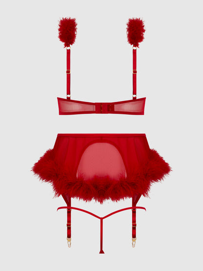 MARILYN MARABOU & MESH OPENABLE BRA, GARTER, & G-STRING SET