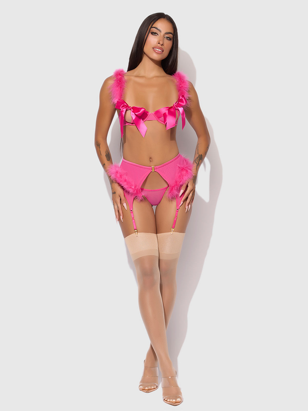 MARILYN MARABOU & MESH OPENABLE BRA, GARTER, & G-STRING SET