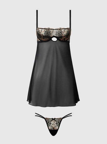 DELILAH EMBROIDERED & MESH MONOWIRE BABYDOLL SET