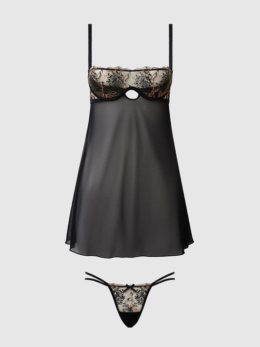 DELILAH EMBROIDERED & MESH MONOWIRE BABYDOLL SET