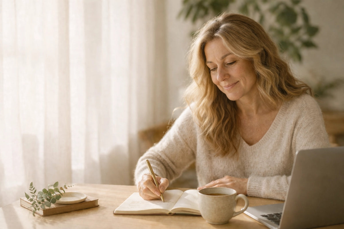 woman at desk writing in notebook